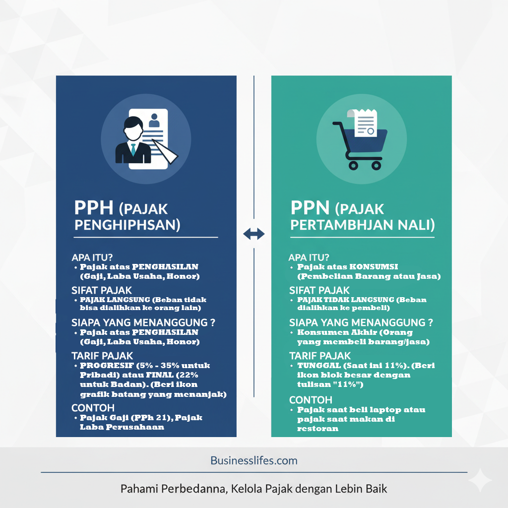 Infografis yang menjelaskan perbedaan PPN dan PPh dari segi definisi, sifat pajak, penanggung beban, dan tarif pajak